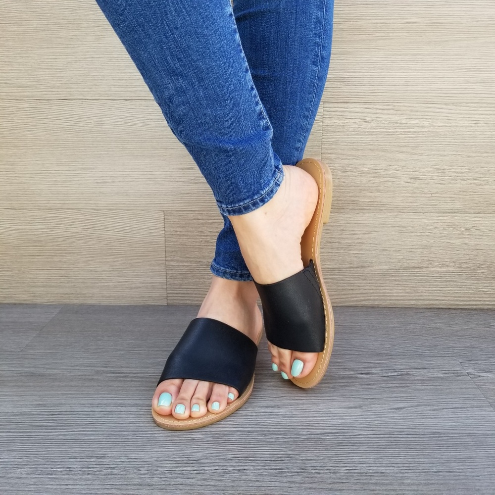 faux Leather Slip on Slider Black Flat Sandals-D - Picture 6 of 8